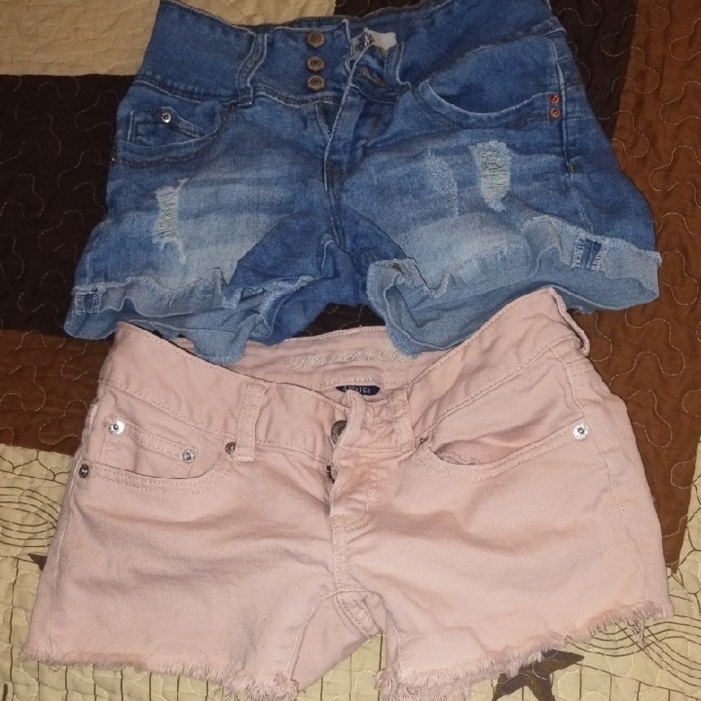American Eagle Outfitters Blue Distressed and Light Pink Denim Shorts Set